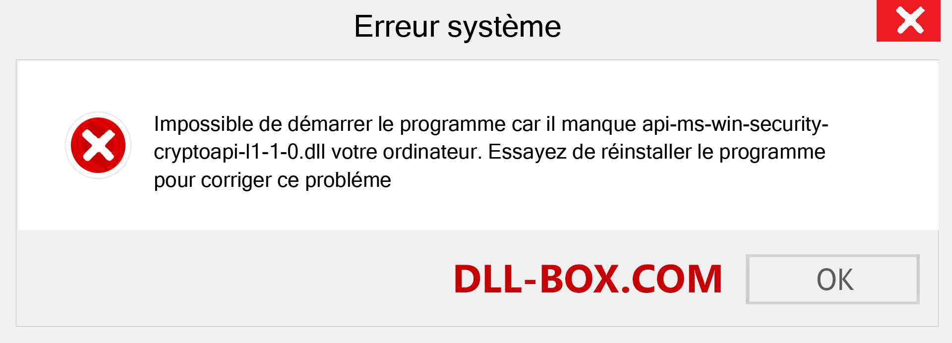 Le fichier api-ms-win-security-cryptoapi-l1-1-0.dll est manquant ?. Télécharger pour Windows 7, 8, 10 - Correction de l'erreur manquante api-ms-win-security-cryptoapi-l1-1-0 dll sur Windows, photos, images